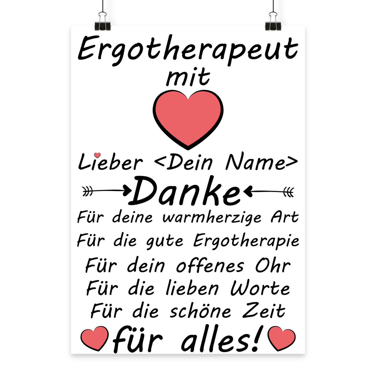 Personalisiertes Poster fuer Ergotherapeut mit Herzmotiv und Wunschnamen, ideales Dankeschoen-Geschenk nach Therapie, Reha oder zum Abschied von der Praxis