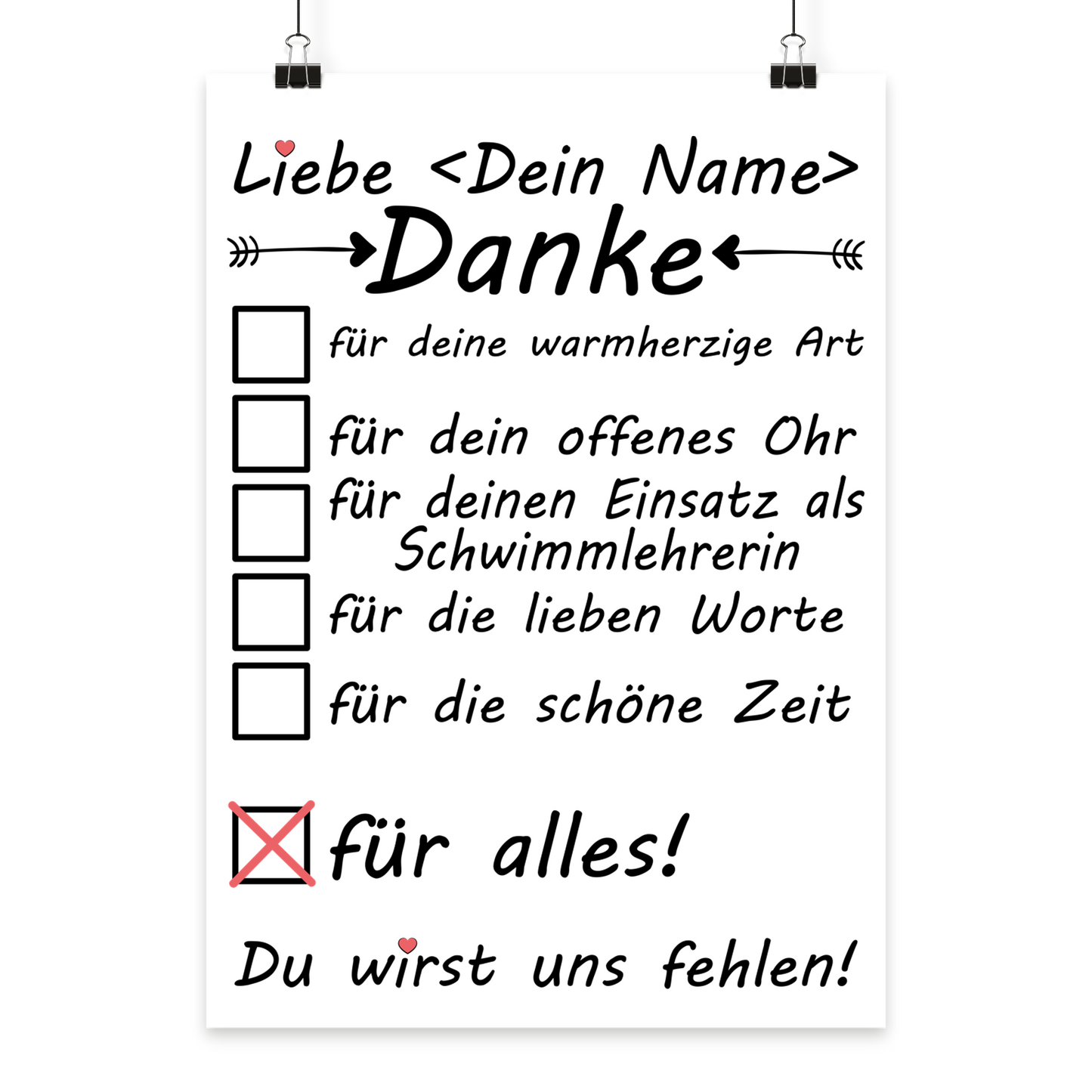 Personalisiertes Poster fuer Schwimmlehrerin mit Herzmotiv und Wunschnamen, ideales Dankeschoen-Geschenk zum Kursabschluss oder Abschied vom Schwimmverein