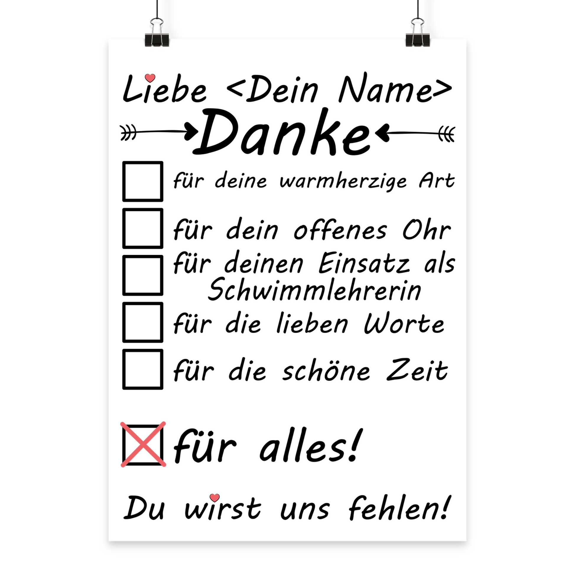 Personalisiertes Poster fuer Schwimmlehrerin mit Herzmotiv und Wunschnamen, ideales Dankeschoen-Geschenk zum Kursabschluss oder Abschied vom Schwimmverein