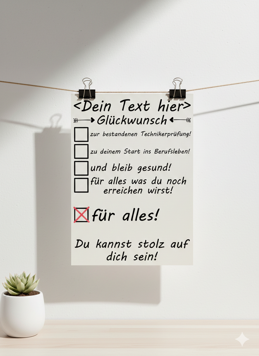 Personalisiertes Poster zum Techniker-Abschluss im DIN A3 Hochformat, modernes Design mit Fokus auf Ingenieurwesen und Techni