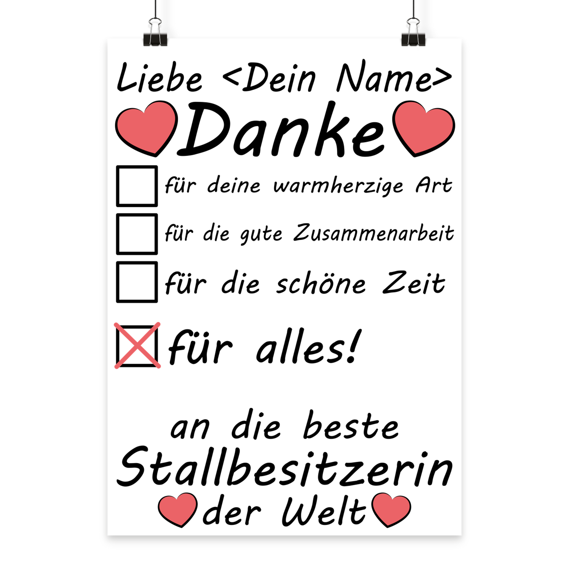 Stallbesitzerin Poster personalisiert mit Namen als Abschiedsgeschenk in A3 Format mit Fine Art Print
