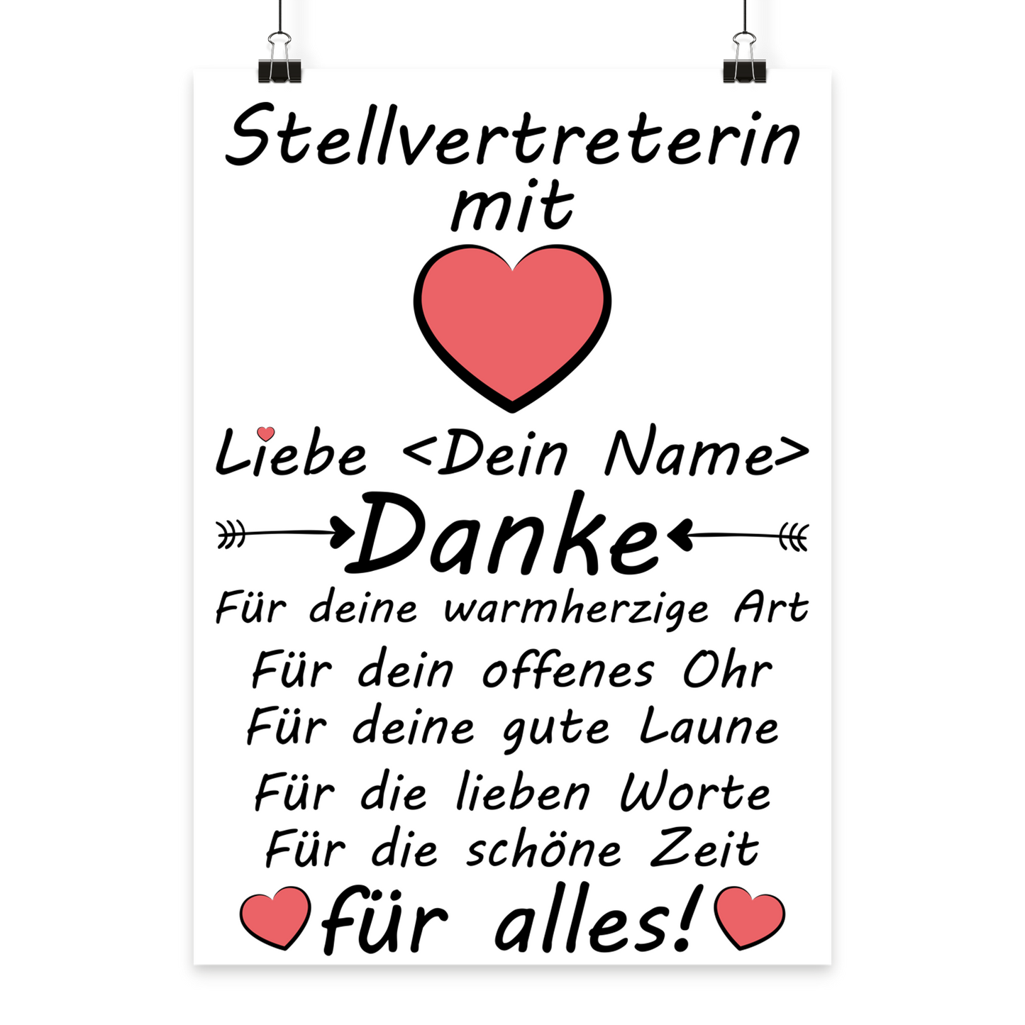 Personalisiertes Danke-Poster fuer Stellvertreterin zum Abschied mit Wunschname und Herz in Galeriequalitaet DIN A3
