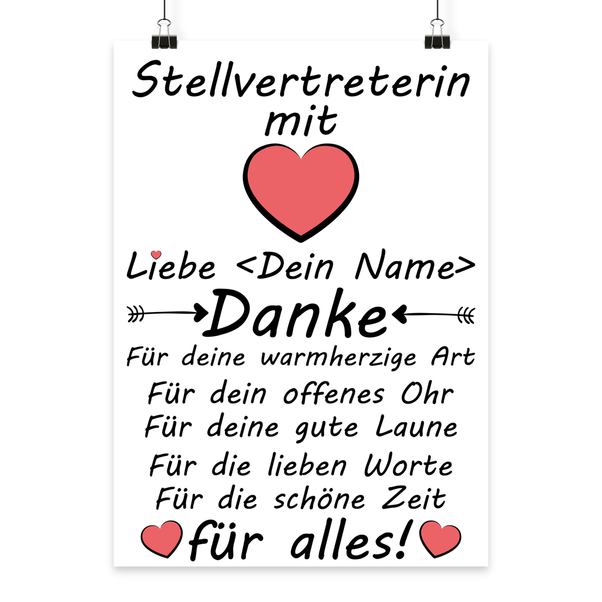 Personalisiertes Danke-Poster fuer Stellvertreterin zum Abschied mit Wunschname und Herz in Galeriequalitaet DIN A3
