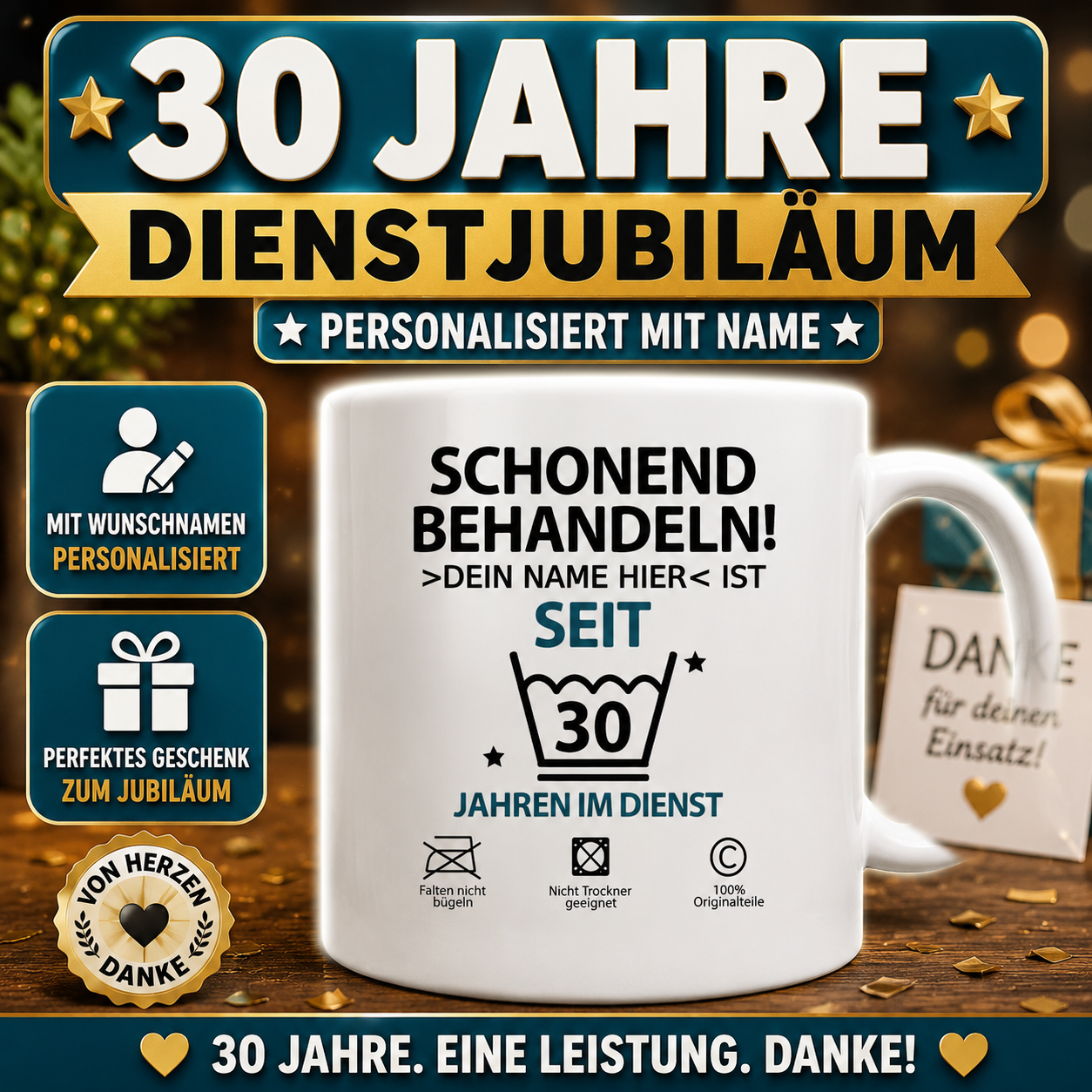 Personalisierte Tasse zum 30 Jahre Arbeitsjubiläum mit Wunschname. Lustiges Geschenk zum 30-jährigen Dienstjubiläum oder Firmenjubiläum für Mitarbeiter und Kollegen.