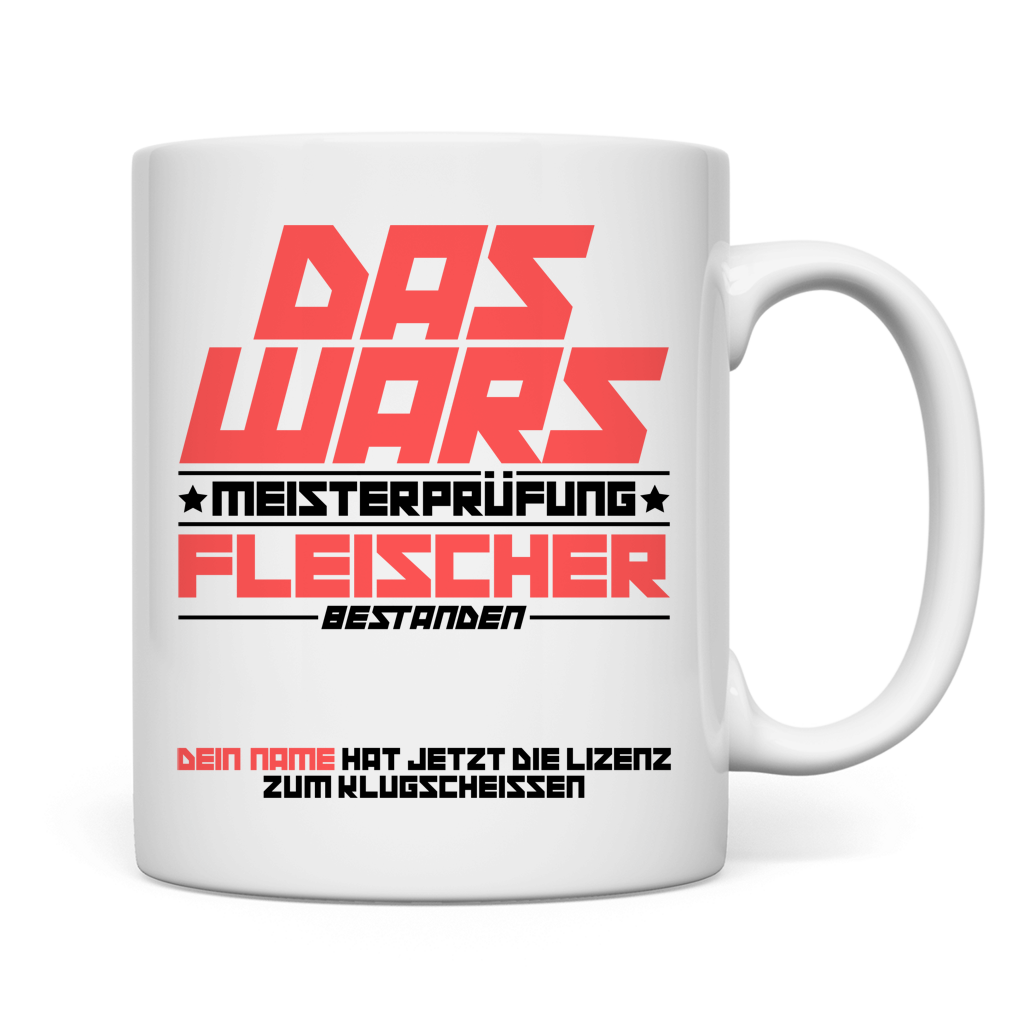 Rückseite der Personalisierten Tasse für Fleischer zur bestandenen Meisterprüfung mit Wunschnamen