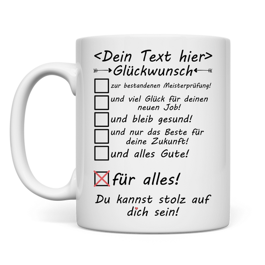 Tasse zur bestandenen Meisterprüfung mit Glückwunsch-Motiv und Personalisierungsmöglichkeit