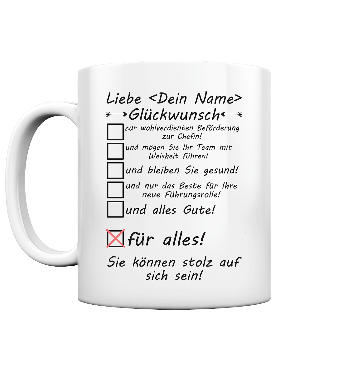 Keramiktasse mit individuellem Namen – ein persoenliches Praesent zur Befoerderung zur Chefin