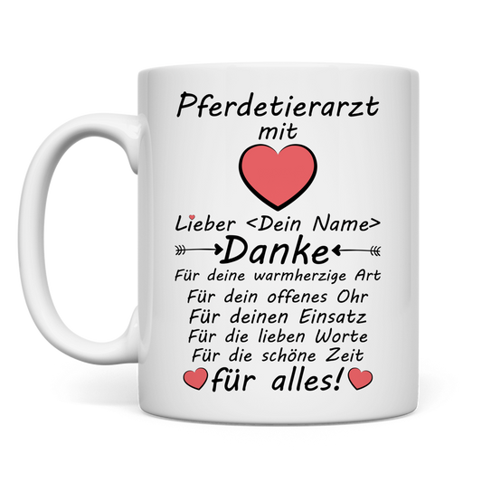 Personalisierte Keramiktasse fuer Pferdetierarzt zum Abschied, Danke-Geschenk mit Wunschname, Praxiswechsel Ruhestand
