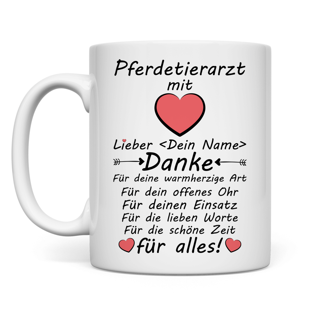 Personalisierte Keramiktasse fuer Pferdetierarzt zum Abschied, Danke-Geschenk mit Wunschname, Praxiswechsel Ruhestand
