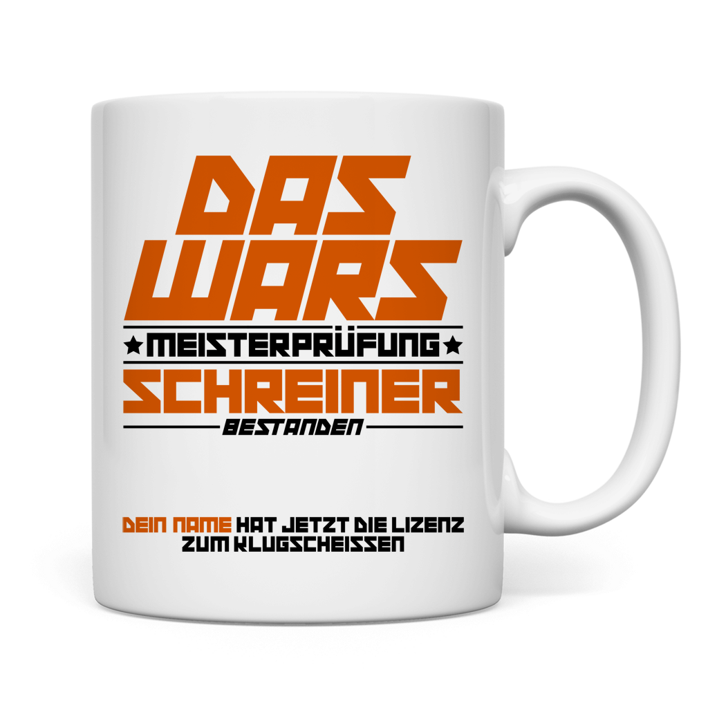 Rückseite der Tasse für Schreiner zur bestandenen Meisterprüfung mit personalisierbarem Wunschnamen