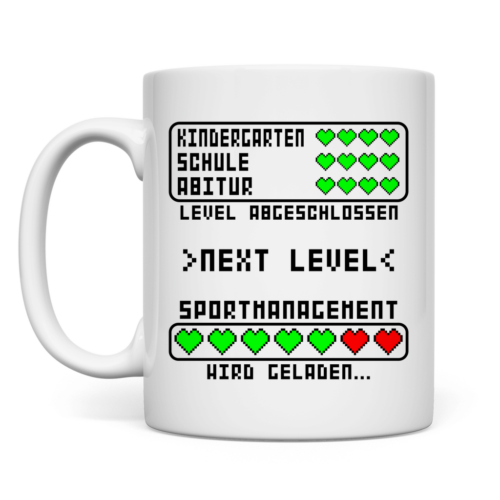 Weiße Tasse als Geschenk zum Sportmanagement Studium Beginn, ideal für Erstsemester und den Studienstart
