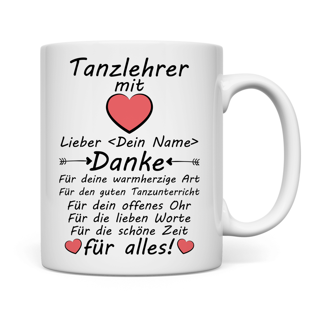 Abschiedsgeschenk fuer Tanzlehrer von Kursgruppe: Keramiktasse mit Name, ideal zum Dankesagen nach dem letzten Kurs
