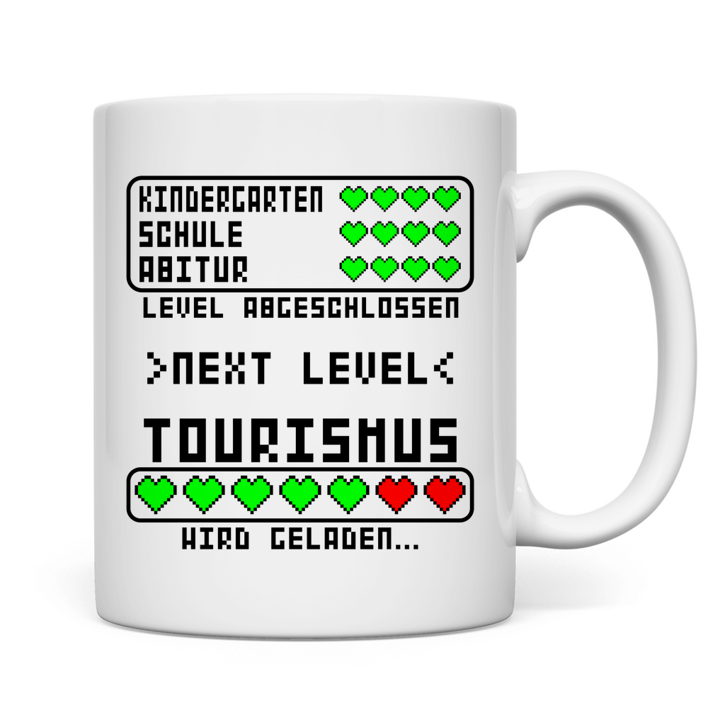 Weiße Tasse mit Aufdruck zum Tourismus Studium Beginn, perfektes Geschenk für Erstsemester und den Uni-Start