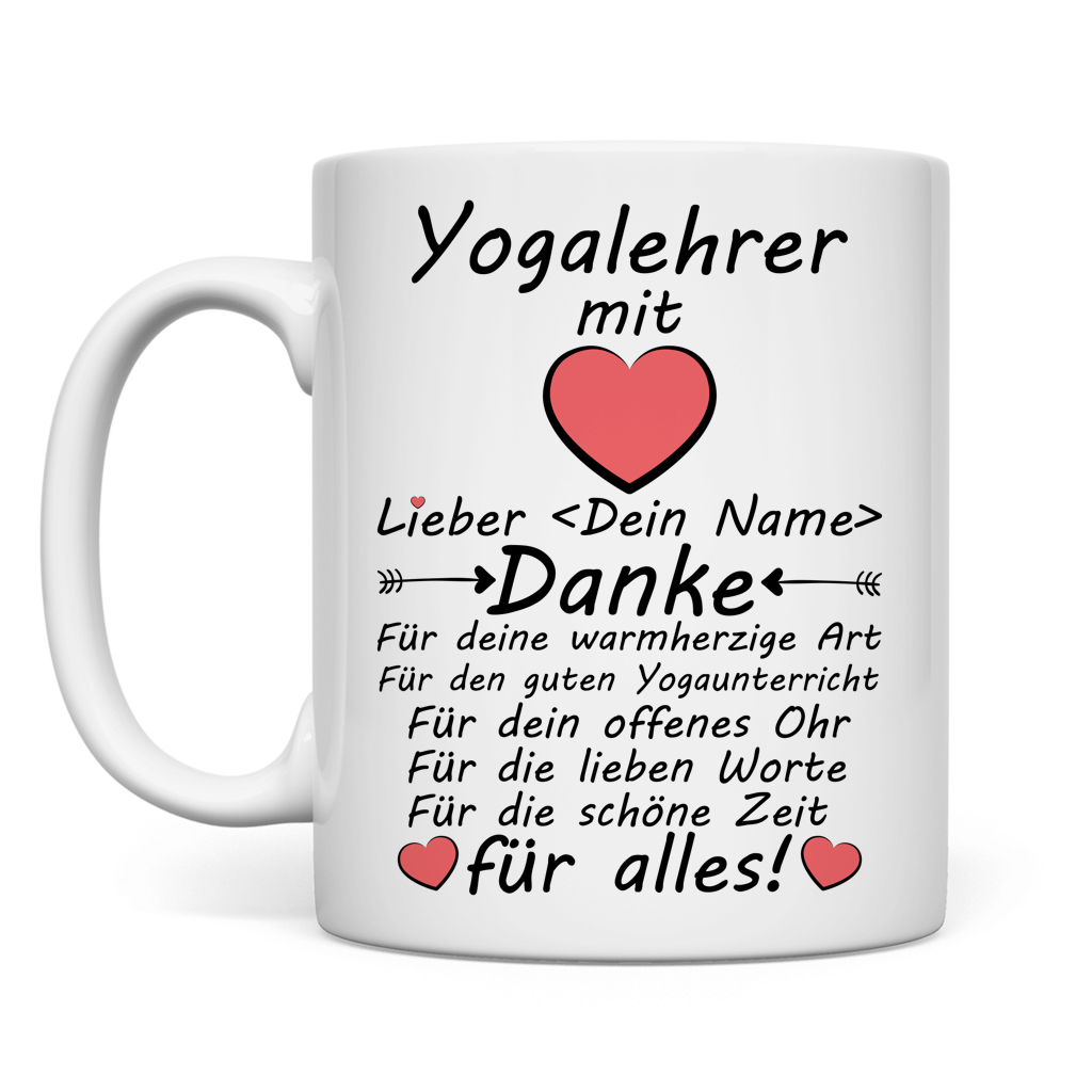 Personalisierte Keramiktasse fuer Yogalehrer als Abschiedsgeschenk mit Name und Spruch, weiss, 330 ml
