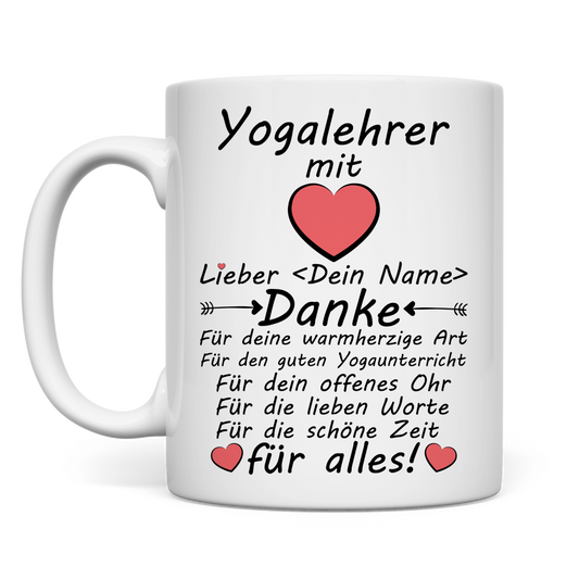 Personalisierte Keramiktasse fuer Yogalehrer als Abschiedsgeschenk mit Name und Spruch, weiss, 330 ml
