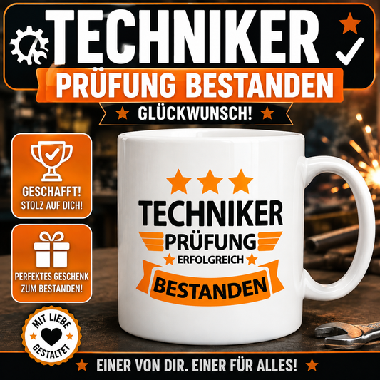 Tasse zur bestandenen Technikerprüfung – originelles Geschenk mit Motiv „Technikerprüfung erfolgreich bestanden“ als Glückwunsch zum Prüfungsabschluss.