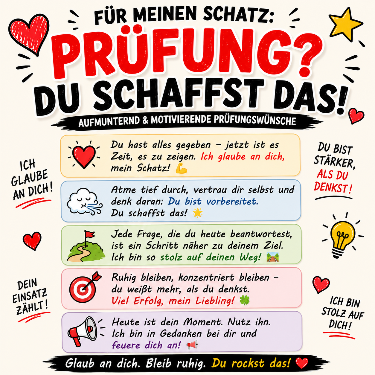aufmunternde sprüche  ganz viel glück für die prüfung mein schatz Du schaffts das
