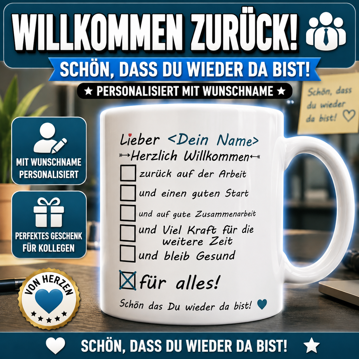 Personalisierte Tasse „Herzlich willkommen zurück nach Krankheit“ mit Wunschname. Originelles Geschenk für Kollegen zum Wiedereinstieg nach einer Krankheit