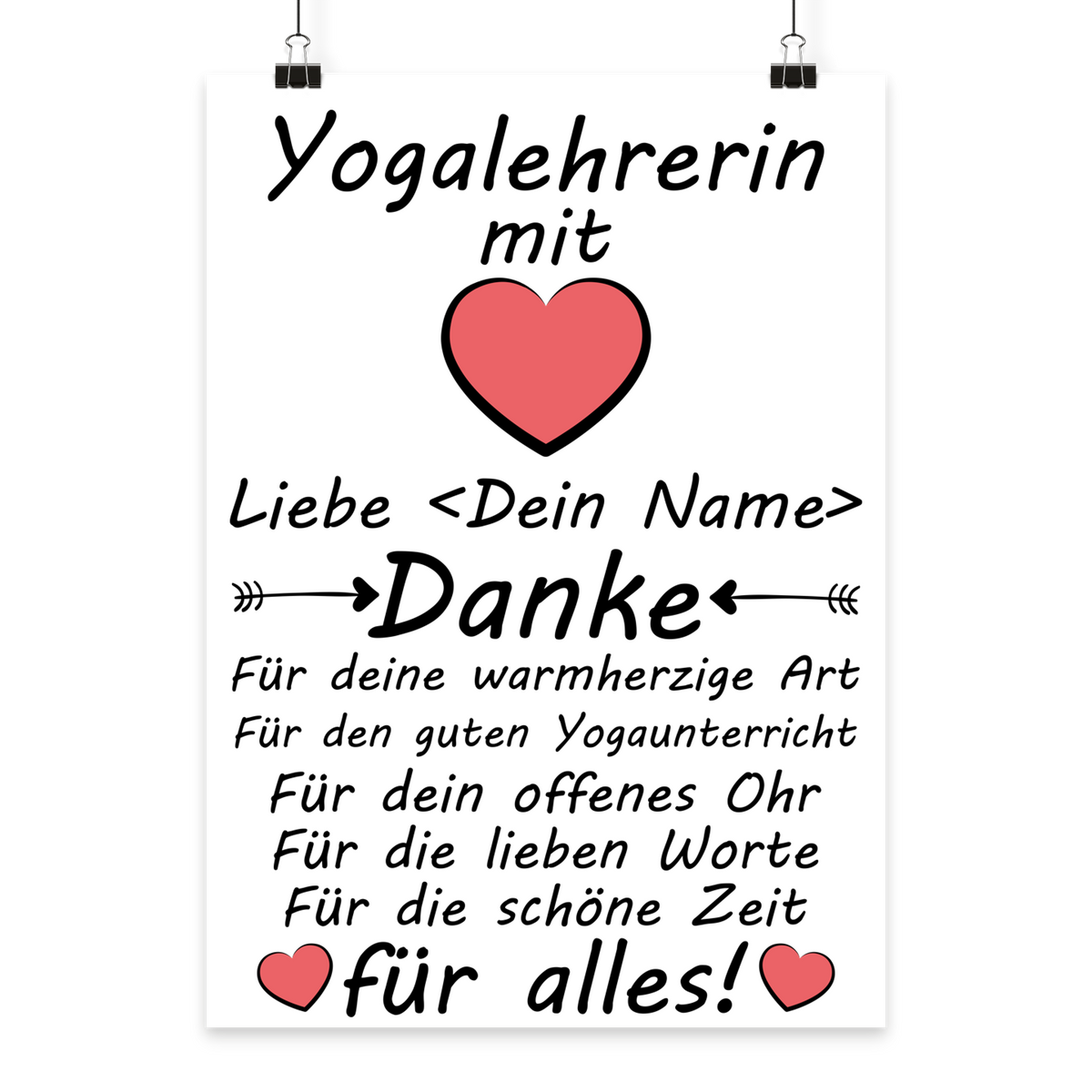 Yogalehrerin Poster Dankeschoen zum Kursende als Geschenk in A3 Format mit Fine Art Print Qualitaet
