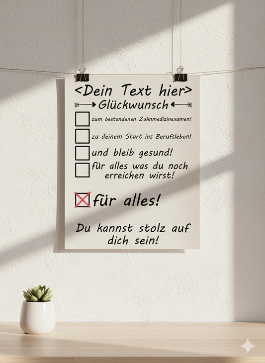 Hochwertiges Poster zum bestandenen Zahnmedizin-Staatsexamen, DIN A3 Hochformat, minimalistisches Design mit Äskulapstab für Zahnmedizin und Gratulation