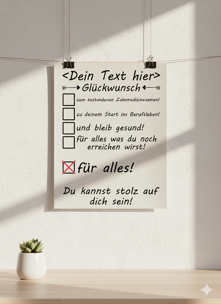 Hochwertiges Poster zum bestandenen Zahnmedizin-Staatsexamen, DIN A3 Hochformat, minimalistisches Design mit Äskulapstab für Zahnmedizin und Gratulation