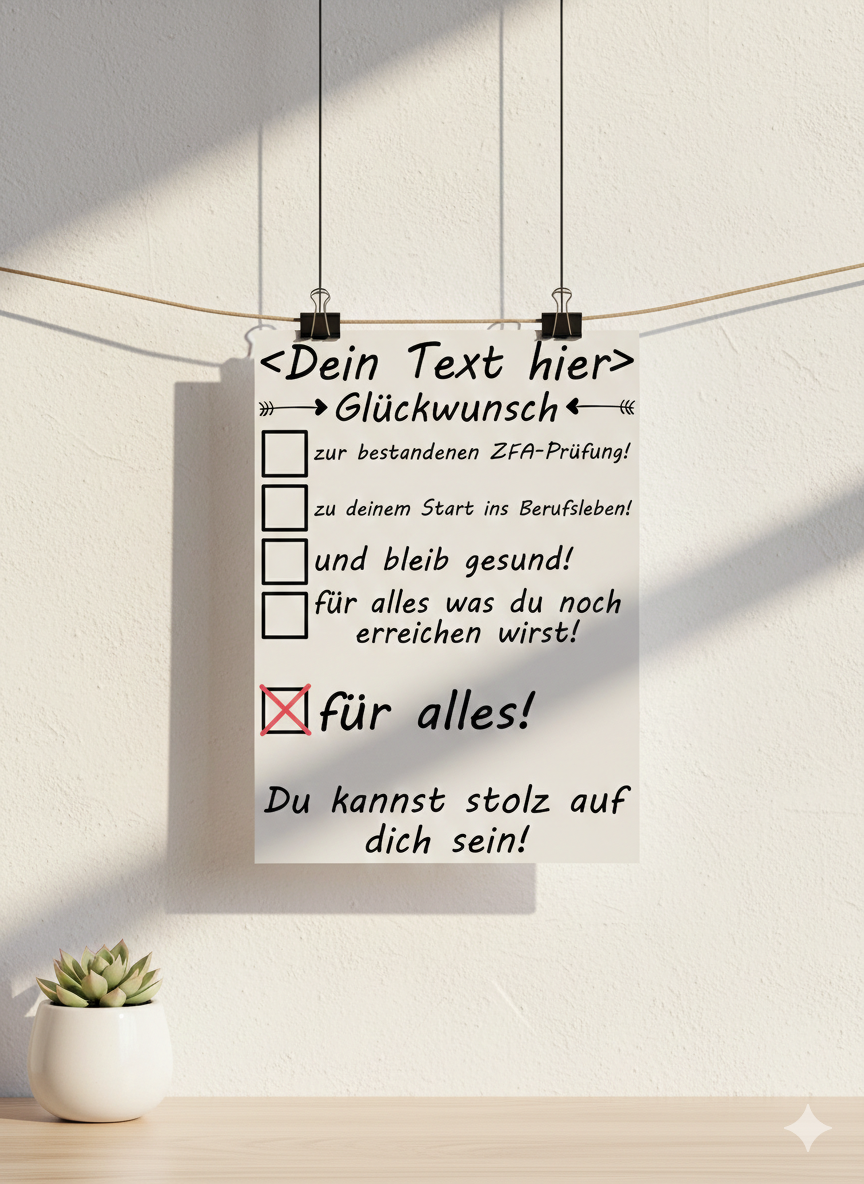 Personalisiertes Poster zur bestandenen ZFA-Prüfung für Zahnmedizinische Fachangestellte, DIN A3 Hochformat mit elegantem Zahn-Icon und Wunschname