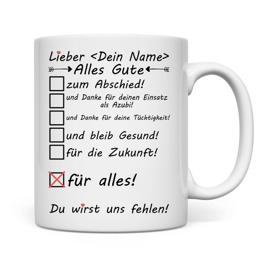 zum Abschied ausgelernter Azubi  | Tasse | Prüfung bestanden Geschenk 